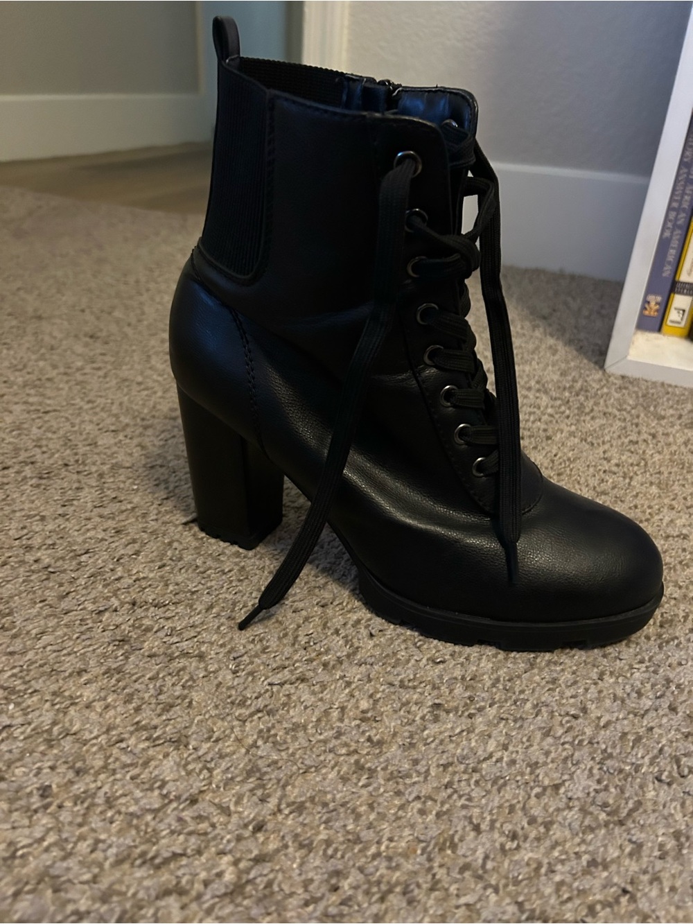 Black Lace-Up Block Heel Ankle Boot